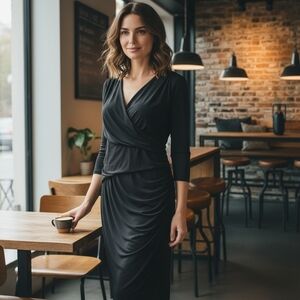 Cleo Black Long Sleeve Draped Wrap Dress Size 16P